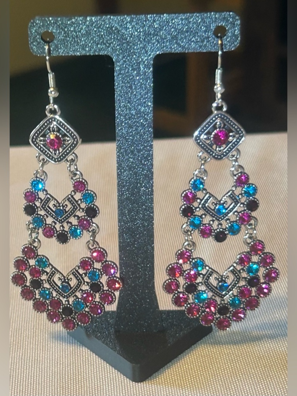 Silver-Tone Multi-Color Chandelier Earrings - Pink & Blue